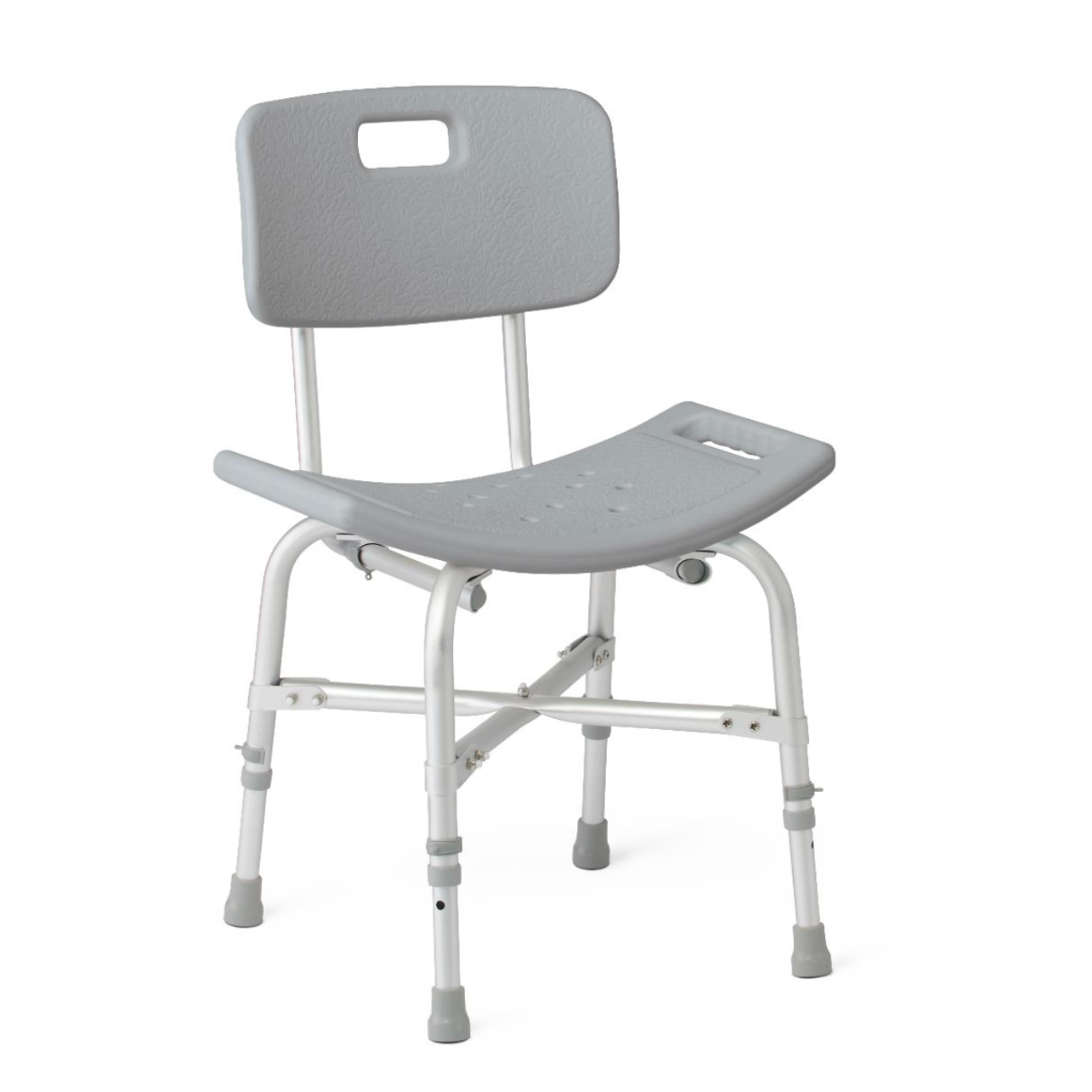 The Medline Bariatric Shower Chair with Back - 550 lb Cap is gray with a textured backrest and seat, drainage holes, adjustable legs, heavy-duty frame, non-slip rubber feet for stability, and a cut-out handle on the backrest for easy transport.